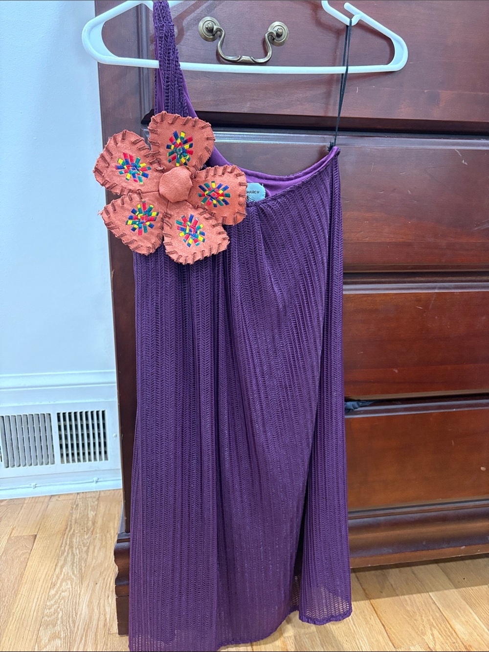Judith March Purple One-Shoulder Knit Dress with Coral Flower Accent